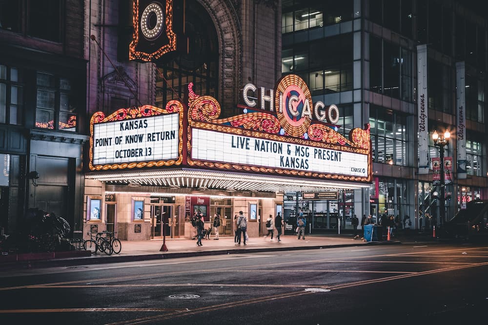 An oldschool cinema marquee at the Chicago area in the night.