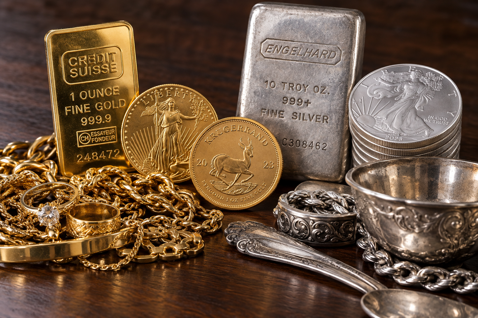 Gold and silver bullion, coins, jewelry, sterling silver and precious metal items