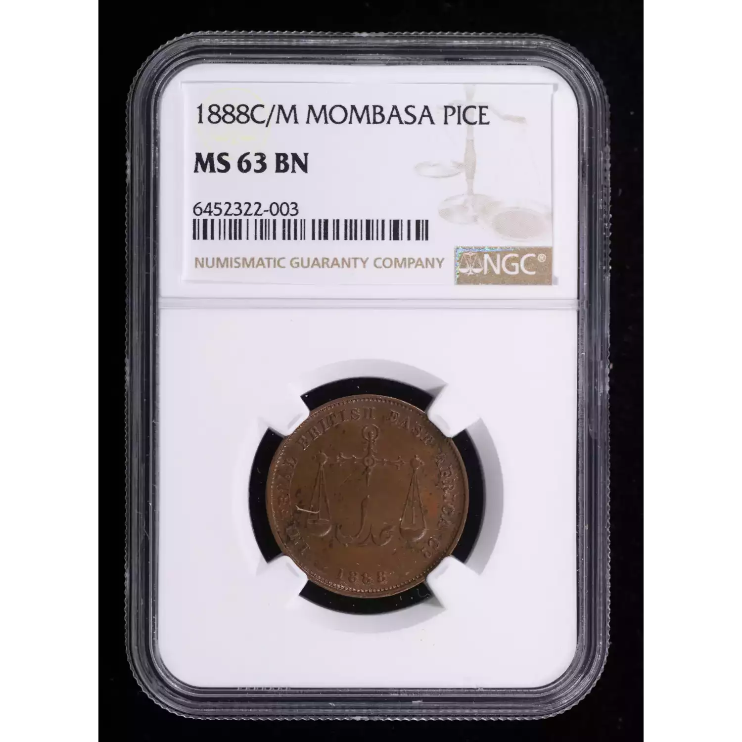 1888-C/M Mombasa MOMBASA Bronze PICE NGC MS-63 BN - Hertel's Coins Inc.